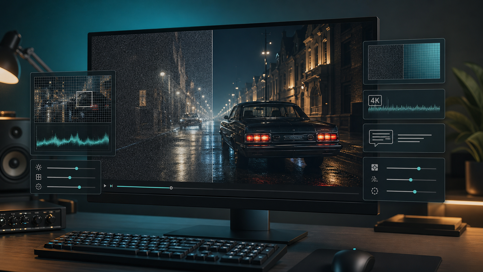 Media workstation showing a video frame cleaned by advanced playback filtering