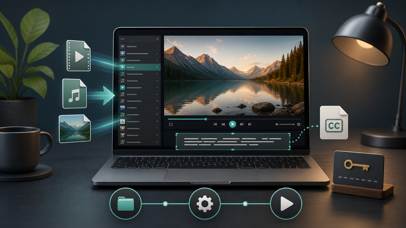 Desktop media setup showing files, subtitles, and playback readiness